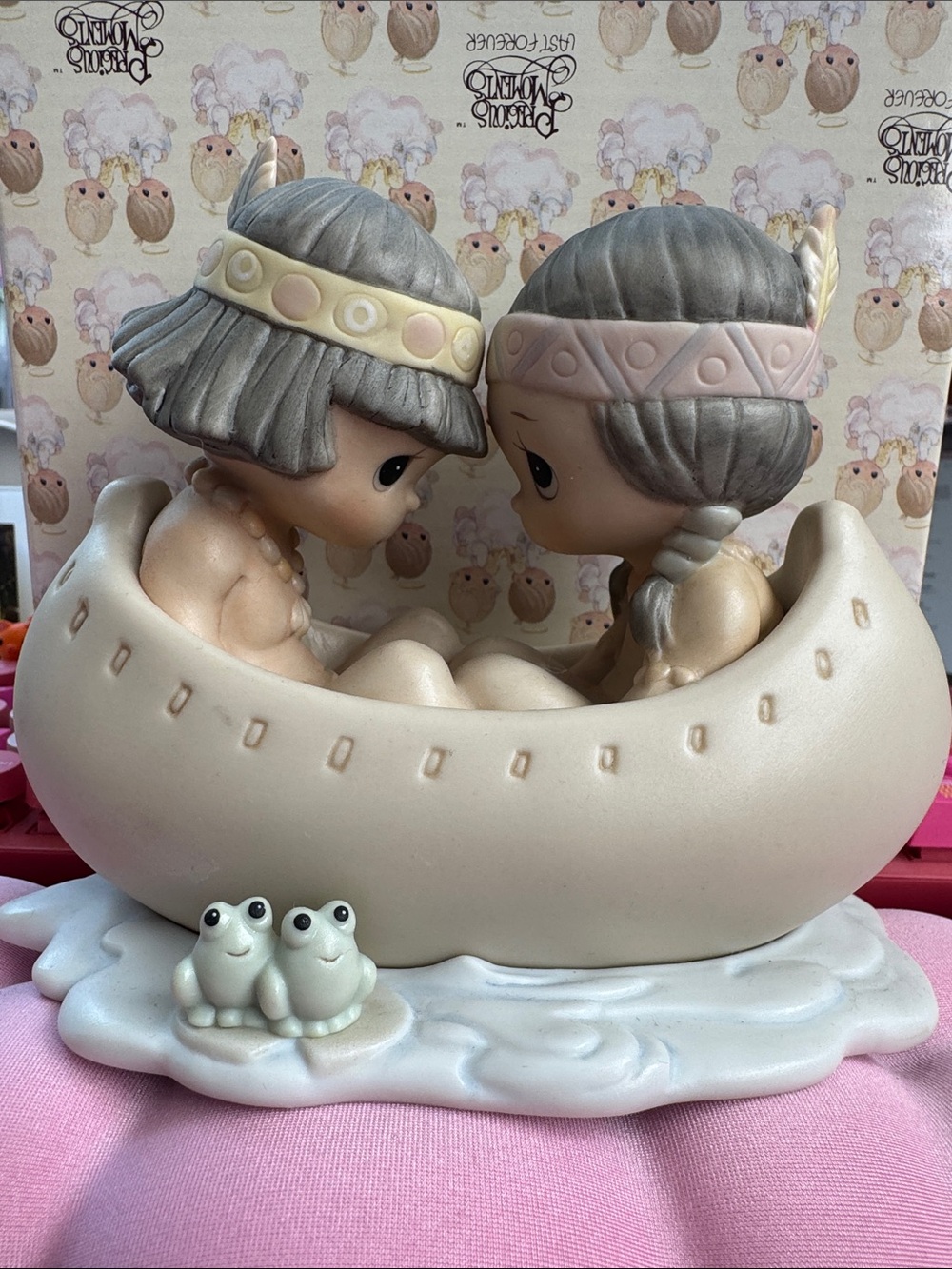 Precious Moments Cream, Yellow, Brown Box Label 'Many Moons In Same Canoe'